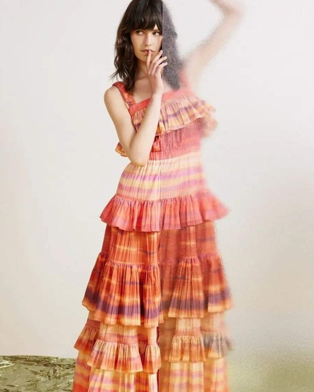 Bertina Baskılı Katmanlı Uzun Elbise