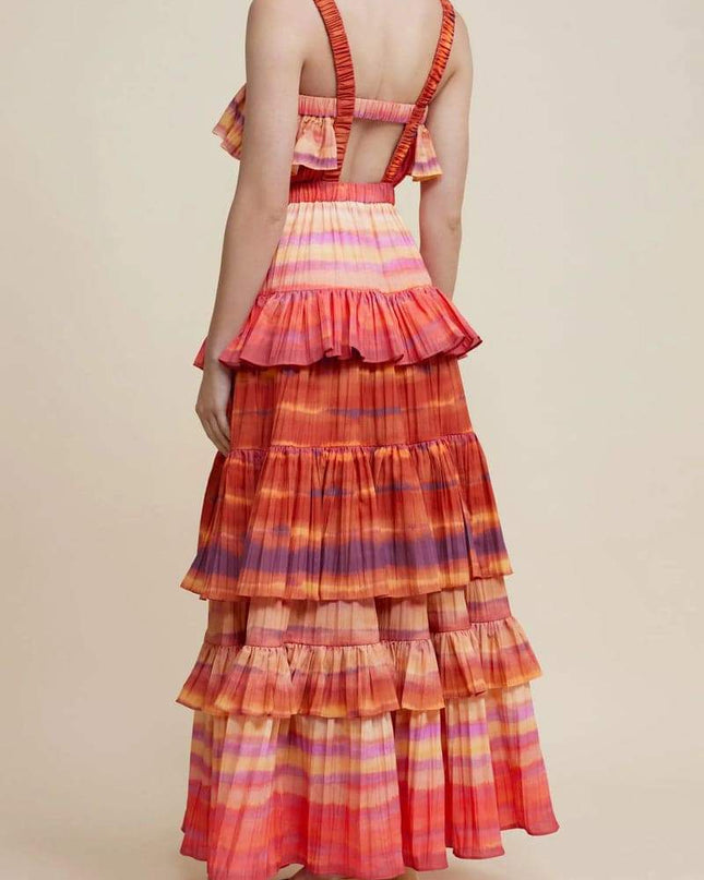 Bertina Baskılı Katmanlı Uzun Elbise