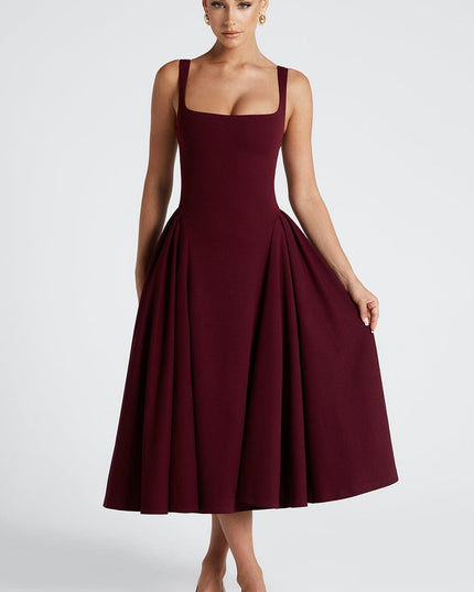 Derin Bordo – Kare Yaka Midi Elbise