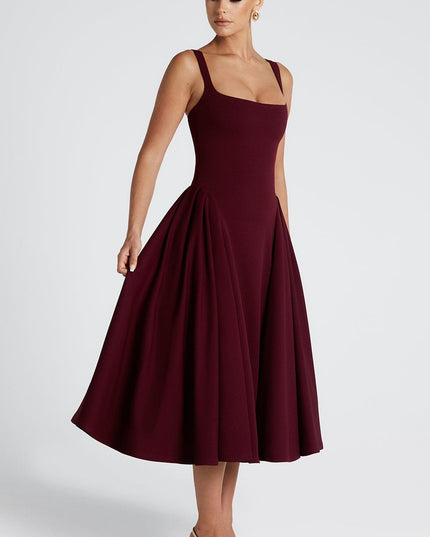 Derin Bordo – Kare Yaka Midi Elbise