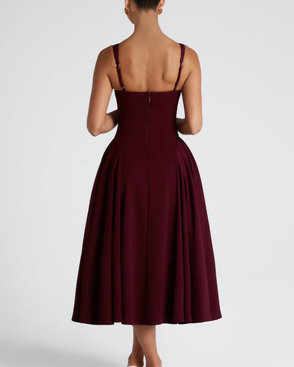 Derin Bordo – Kare Yaka Midi Elbise