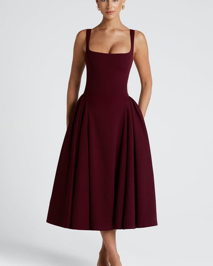 Derin Bordo – Kare Yaka Midi Elbise