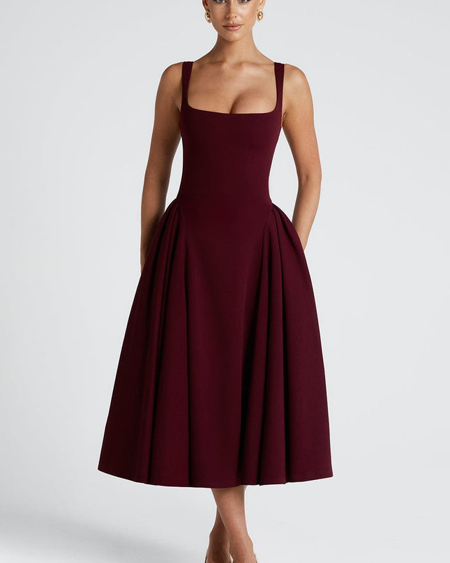 Derin Bordo – Kare Yaka Midi Elbise