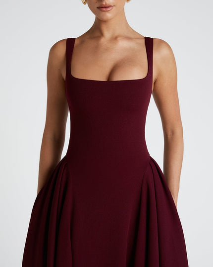 Derin Bordo – Kare Yaka Midi Elbise