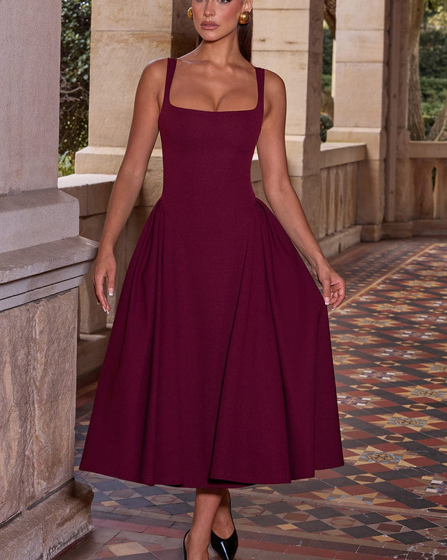 Derin Bordo – Kare Yaka Midi Elbise