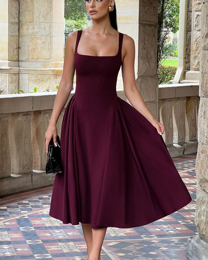 Derin Bordo – Kare Yaka Midi Elbise