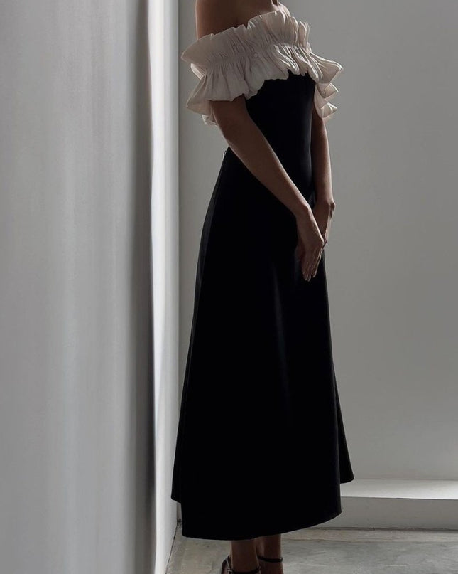 Bonnie Omuz Açık Volanlı Uzun Elbise