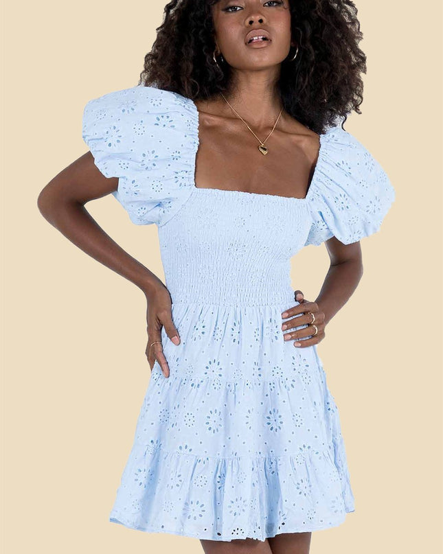 Carol Büzgülü İşlemeli Dantel Pamuklu Mini Elbise