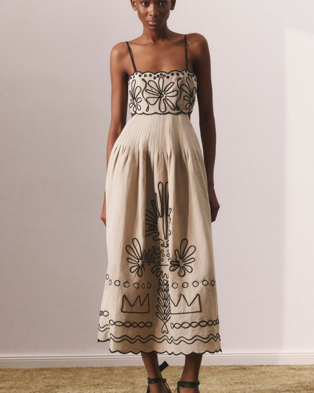 Caroline Soyut Nakışlı Pamuklu Midi Elbise