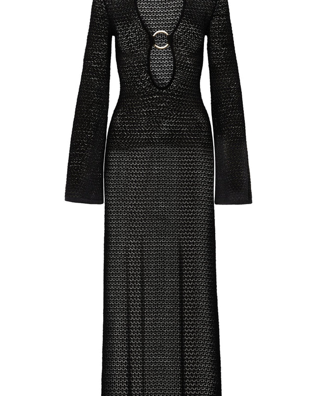 Chaya V yakalı Tığ işi Örgü Uzun Elbise