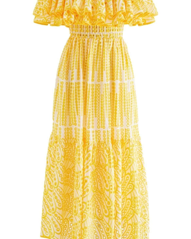 Dolly İşlemeli Dantel Düşük Omuz A Kesim Flare Midi Elbise