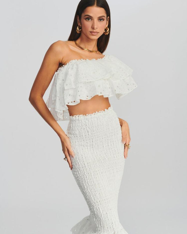 Dolly İşlemeli Dantel Katlı Fırfırlı Maxi Elbise Takım