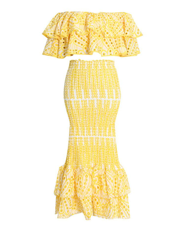 Dolly İşlemeli Dantel Katlı Fırfırlı Maxi Elbise Takım