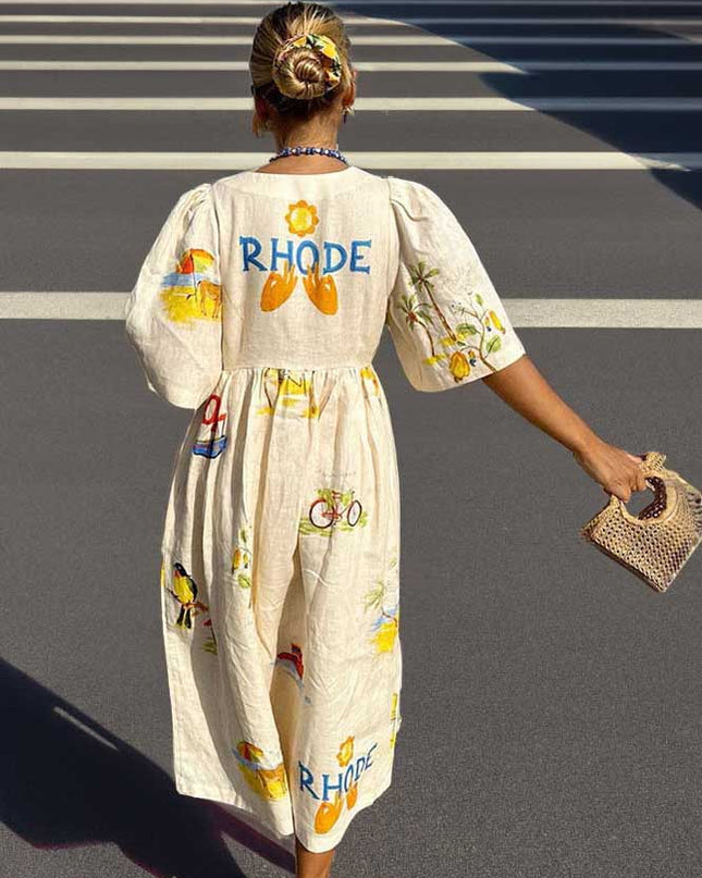 Baskılı Keten Midi Elbise