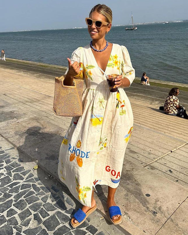 Baskılı Keten Midi Elbise