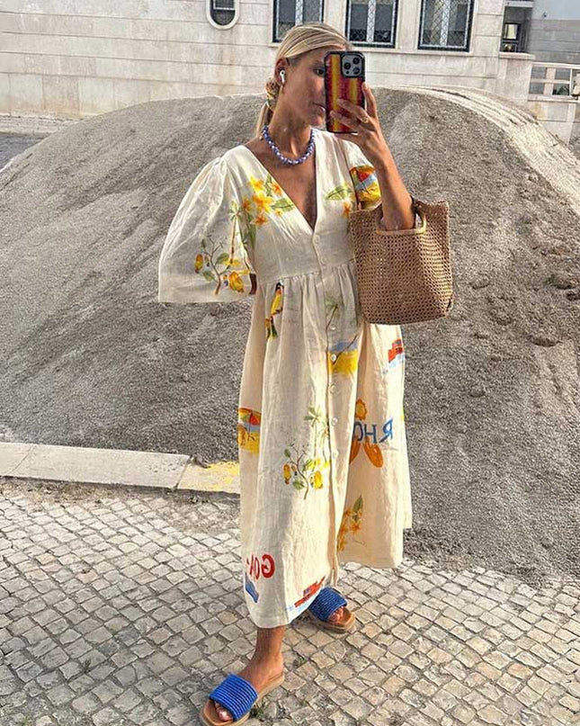 Baskılı Keten Midi Elbise