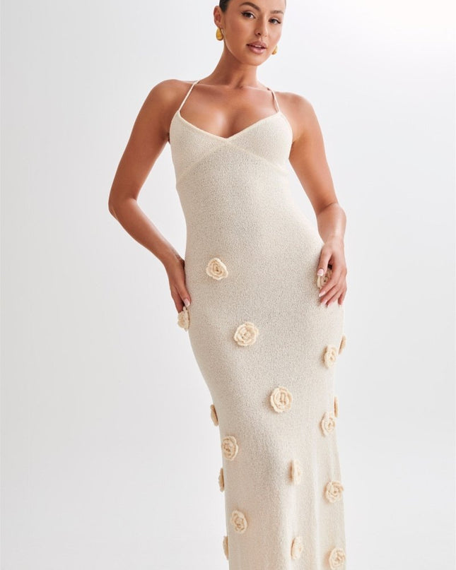 Edwina V yakalı Örme Çiçekli Uzun Elbise