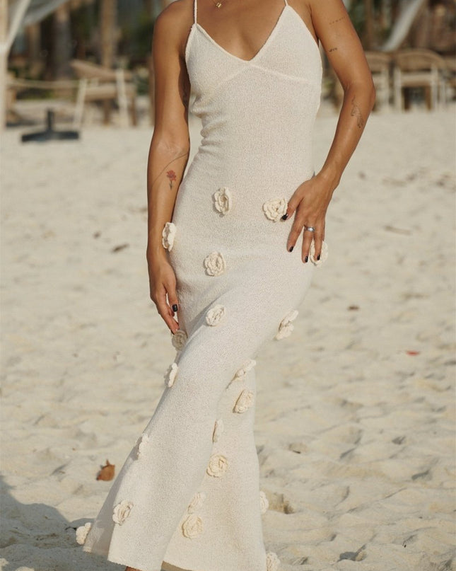 Edwina V yakalı Örme Çiçekli Uzun Elbise