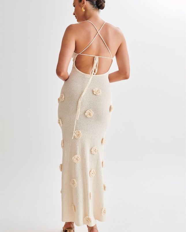 Edwina V yakalı Örme Çiçekli Uzun Elbise