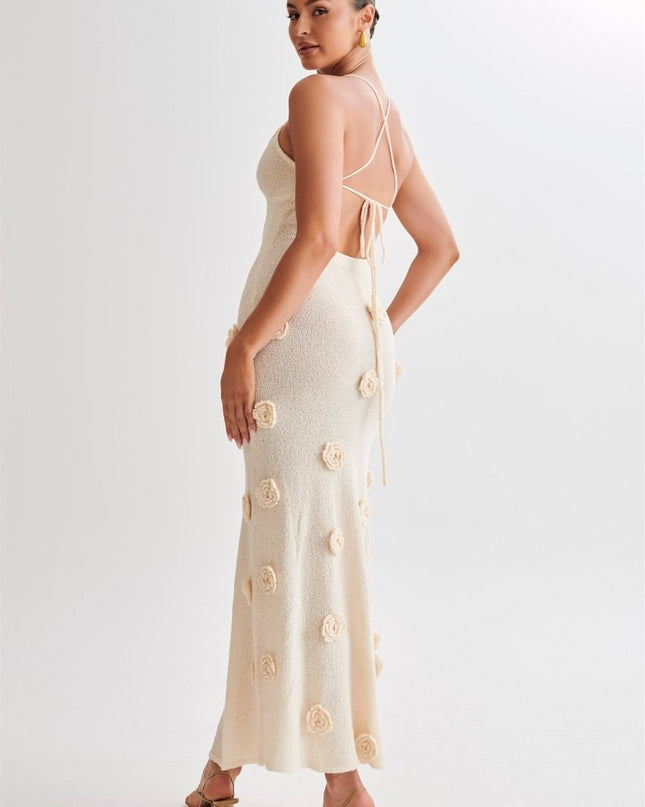 Edwina V yakalı Örme Çiçekli Uzun Elbise