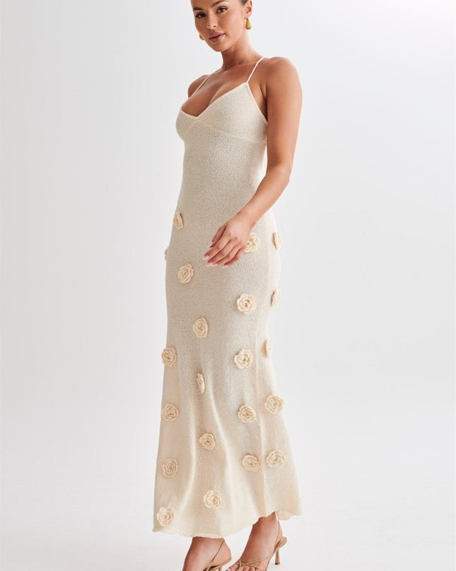 Edwina V yakalı Örme Çiçekli Uzun Elbise