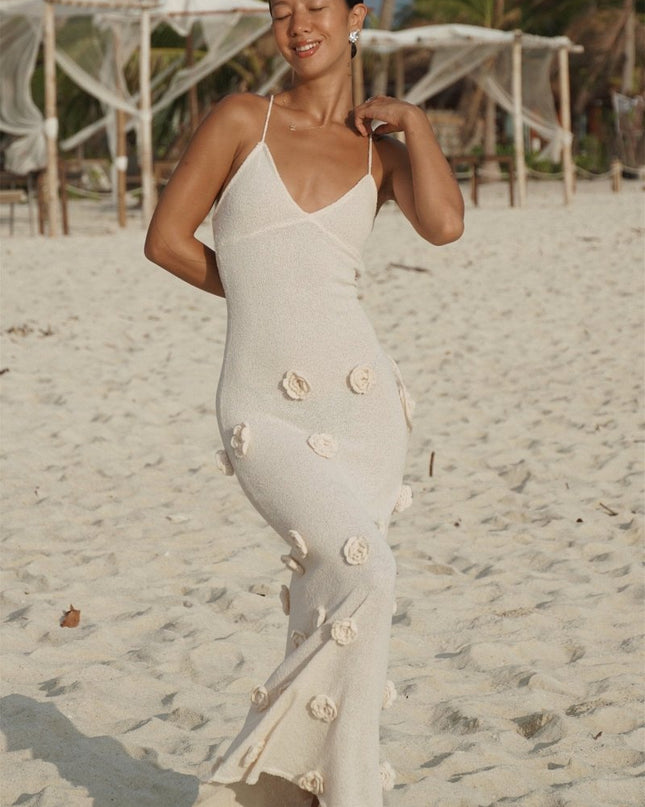 Edwina V yakalı Örme Çiçekli Uzun Elbise