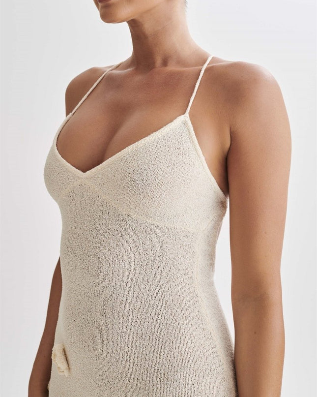 Edwina V yakalı Örme Çiçekli Uzun Elbise