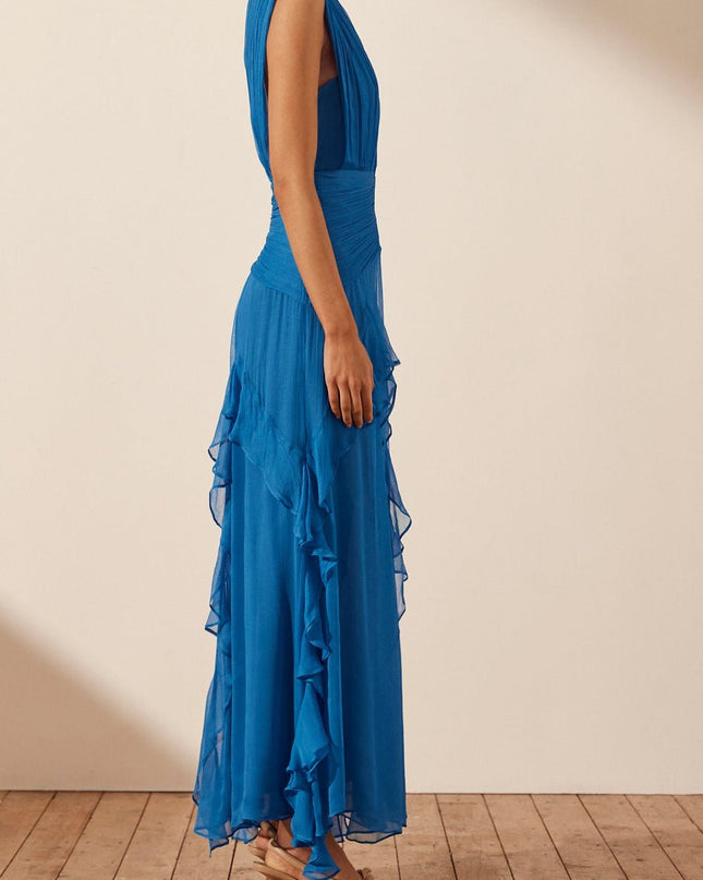 Eileen Pileli Yuvarlak Yaka Volanlı Uzun Elbise