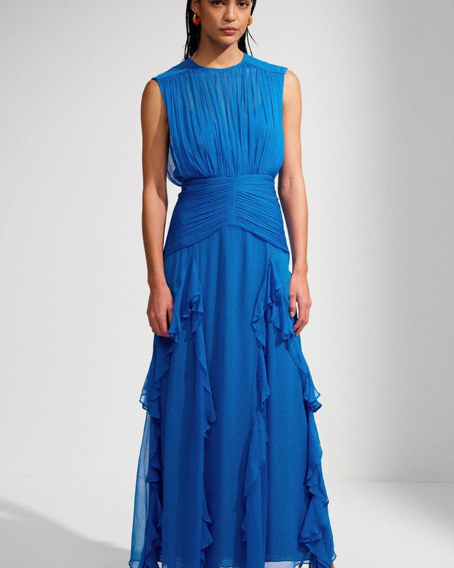 Eileen Pileli Yuvarlak Yaka Volanlı Uzun Elbise