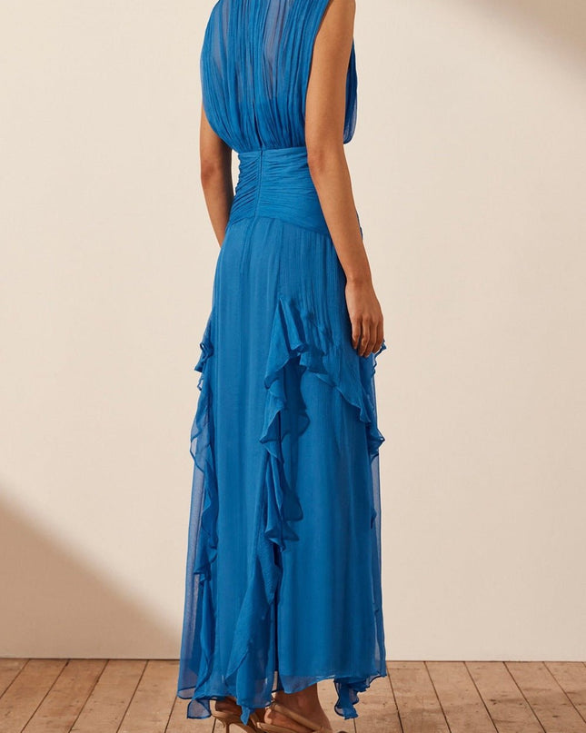 Eileen Pileli Yuvarlak Yaka Volanlı Uzun Elbise