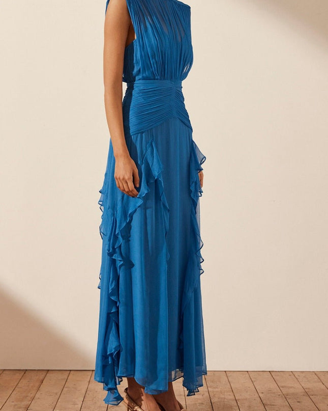 Eileen Pileli Yuvarlak Yaka Volanlı Uzun Elbise