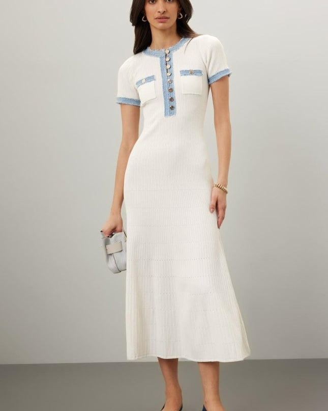 Elma Yuvarlak Yaka Örme Midi Gömlek Elbise