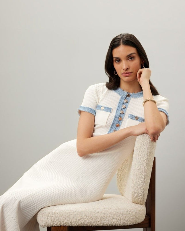 Elma Yuvarlak Yaka Örme Midi Gömlek Elbise