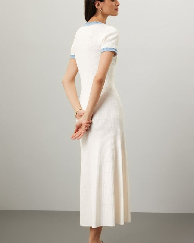 Elma Yuvarlak Yaka Örme Midi Gömlek Elbise