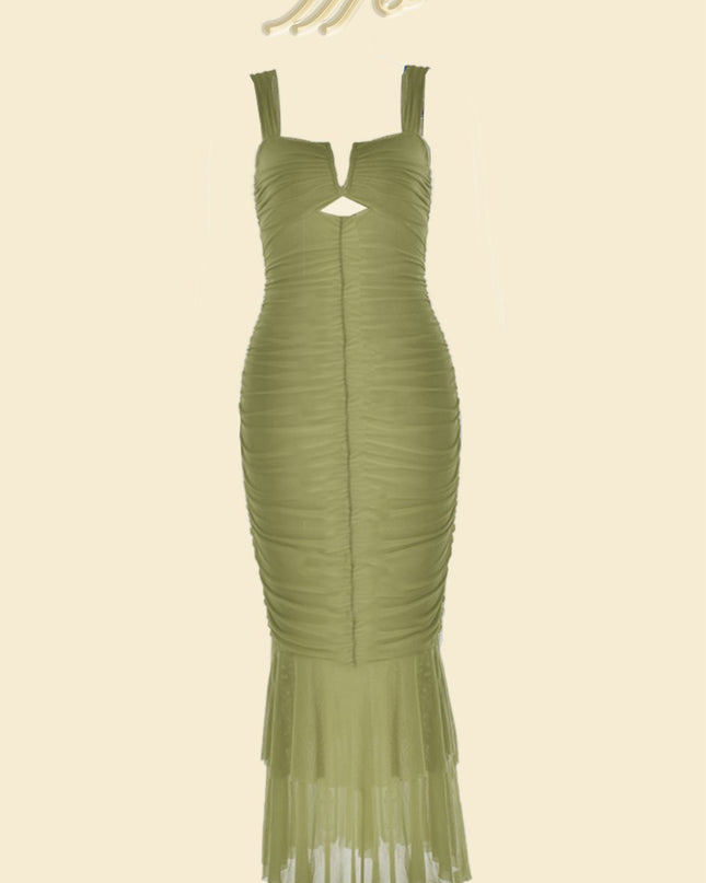 Ethel Gathered Flare Mesh Midi Elbise