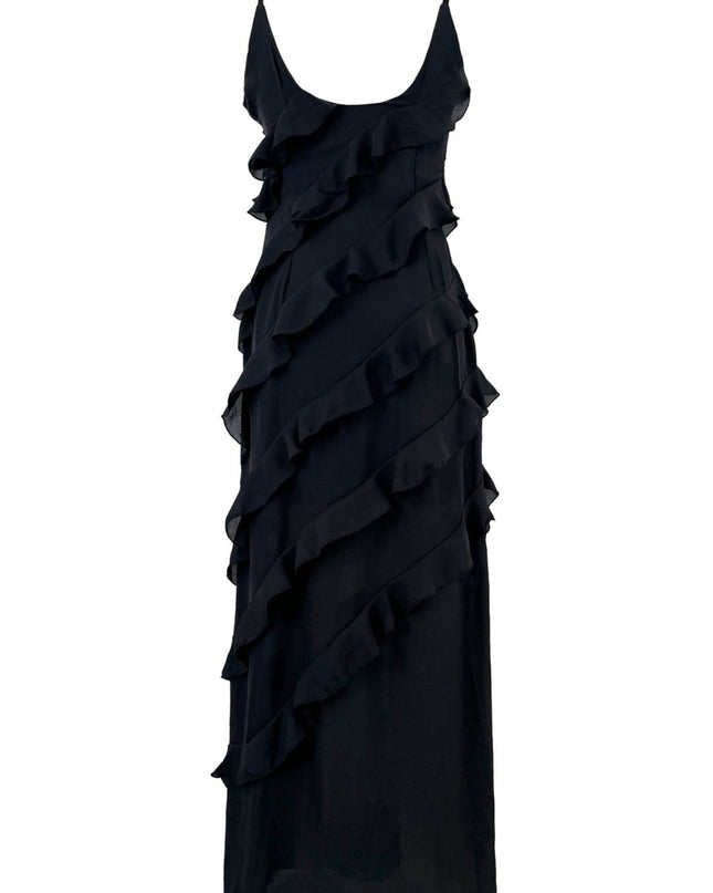 Eve Şifon Fırfırlı Uzun Slip Elbise