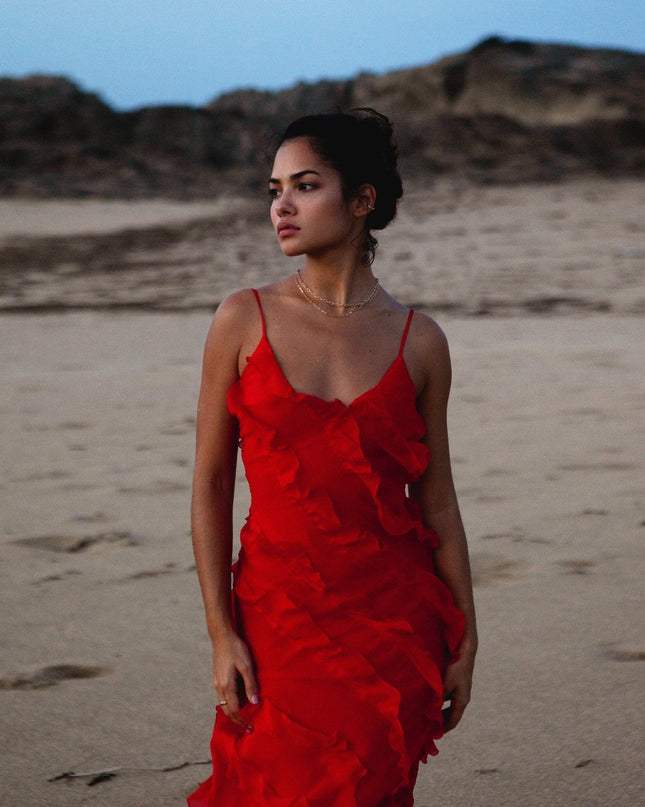 Eve Şifon Fırfırlı Uzun Slip Elbise