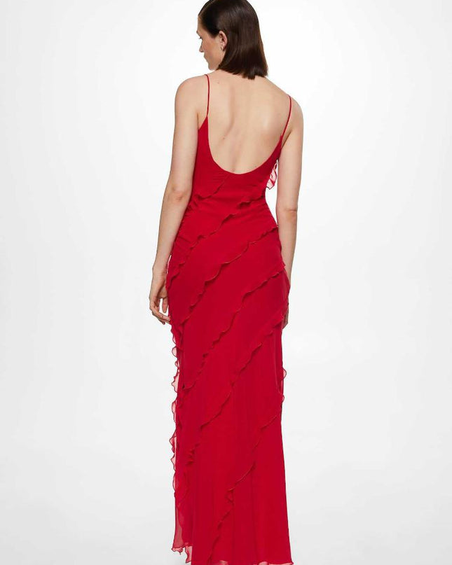 Eve Şifon Fırfırlı Uzun Slip Elbise