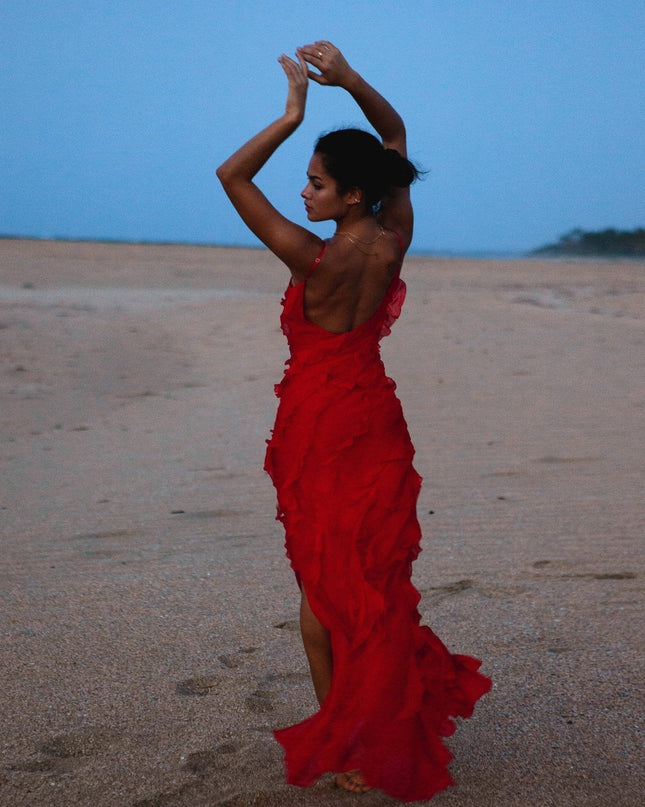 Eve Şifon Fırfırlı Uzun Slip Elbise