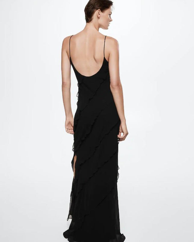 Eve Şifon Fırfırlı Uzun Slip Elbise