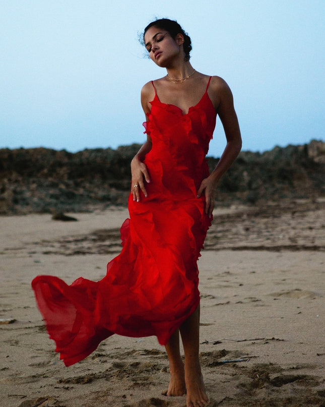 Eve Şifon Fırfırlı Uzun Slip Elbise