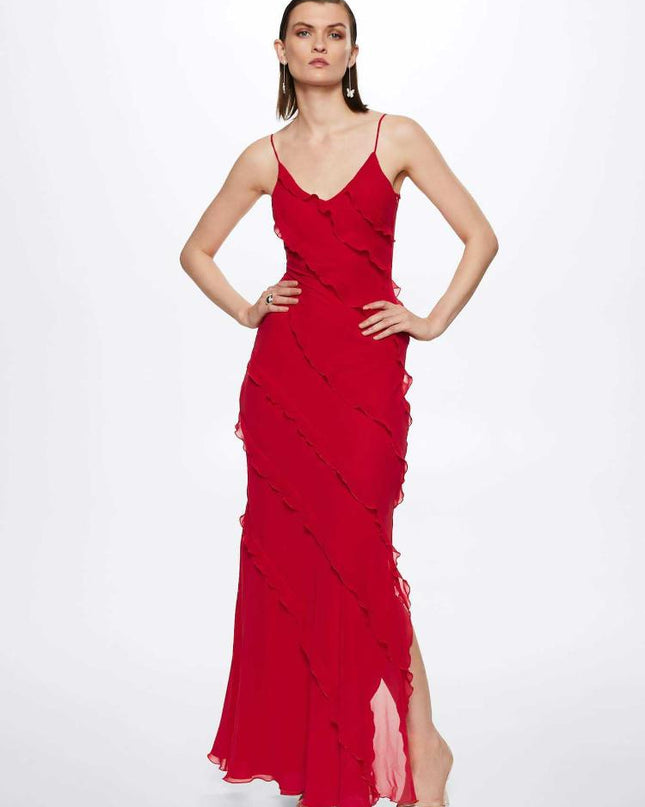 Eve Şifon Fırfırlı Uzun Slip Elbise