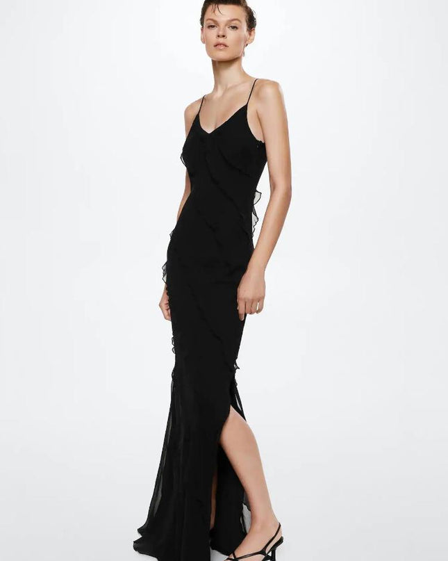 Eve Şifon Fırfırlı Uzun Slip Elbise