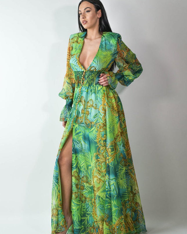 Eve Tropikal Desenli V-nevk Uzun Elbise