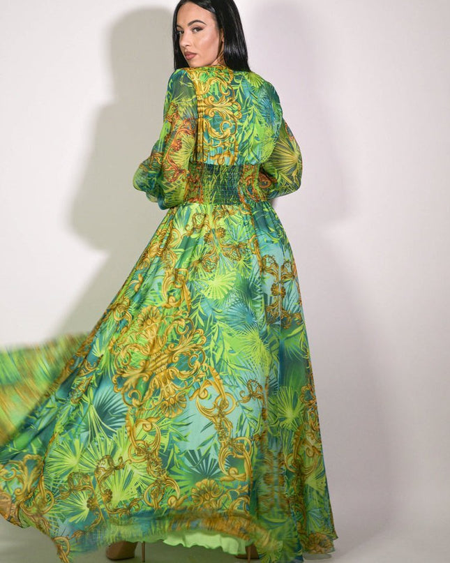 Eve Tropikal Desenli V-nevk Uzun Elbise