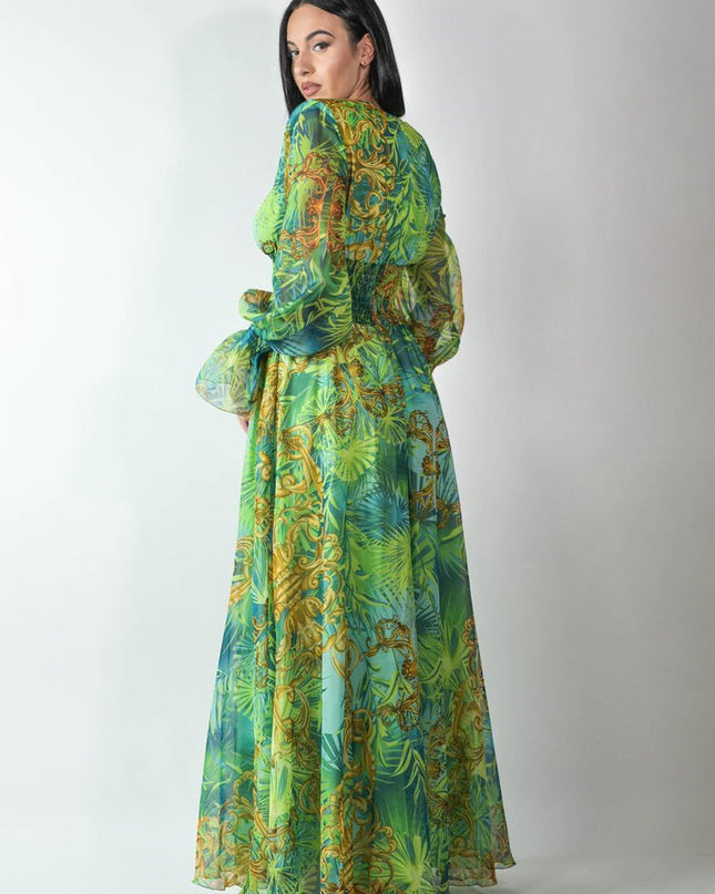 Eve Tropikal Desenli V-nevk Uzun Elbise