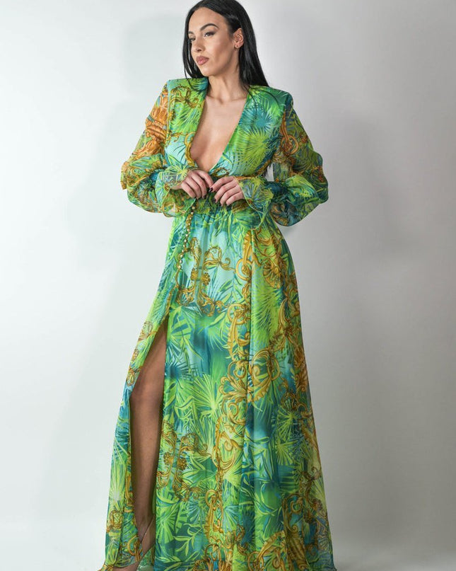 Eve Tropikal Desenli V-nevk Uzun Elbise