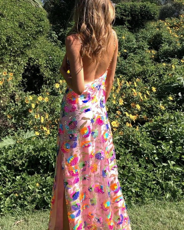 Fanny İşlemeli Payetler Sırtı Açık Uzun Elbise