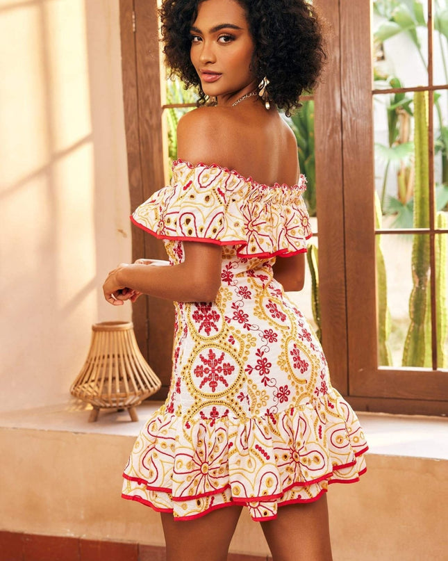 Fiona Baskılı İşlemeli Omuz Açık Mini Elbise