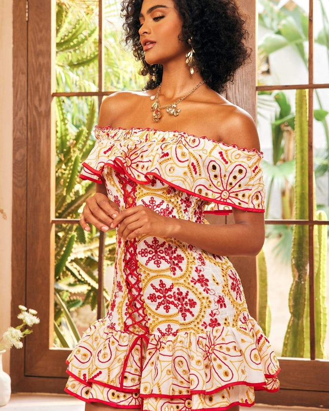 Fiona Baskılı İşlemeli Omuz Açık Mini Elbise